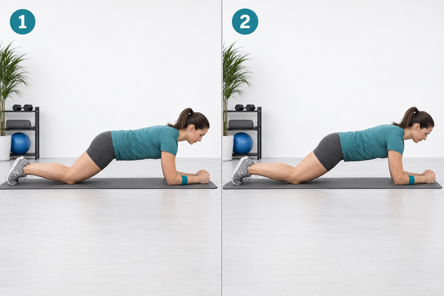 Kneeling Forearm Plank Rock: start and finish positions