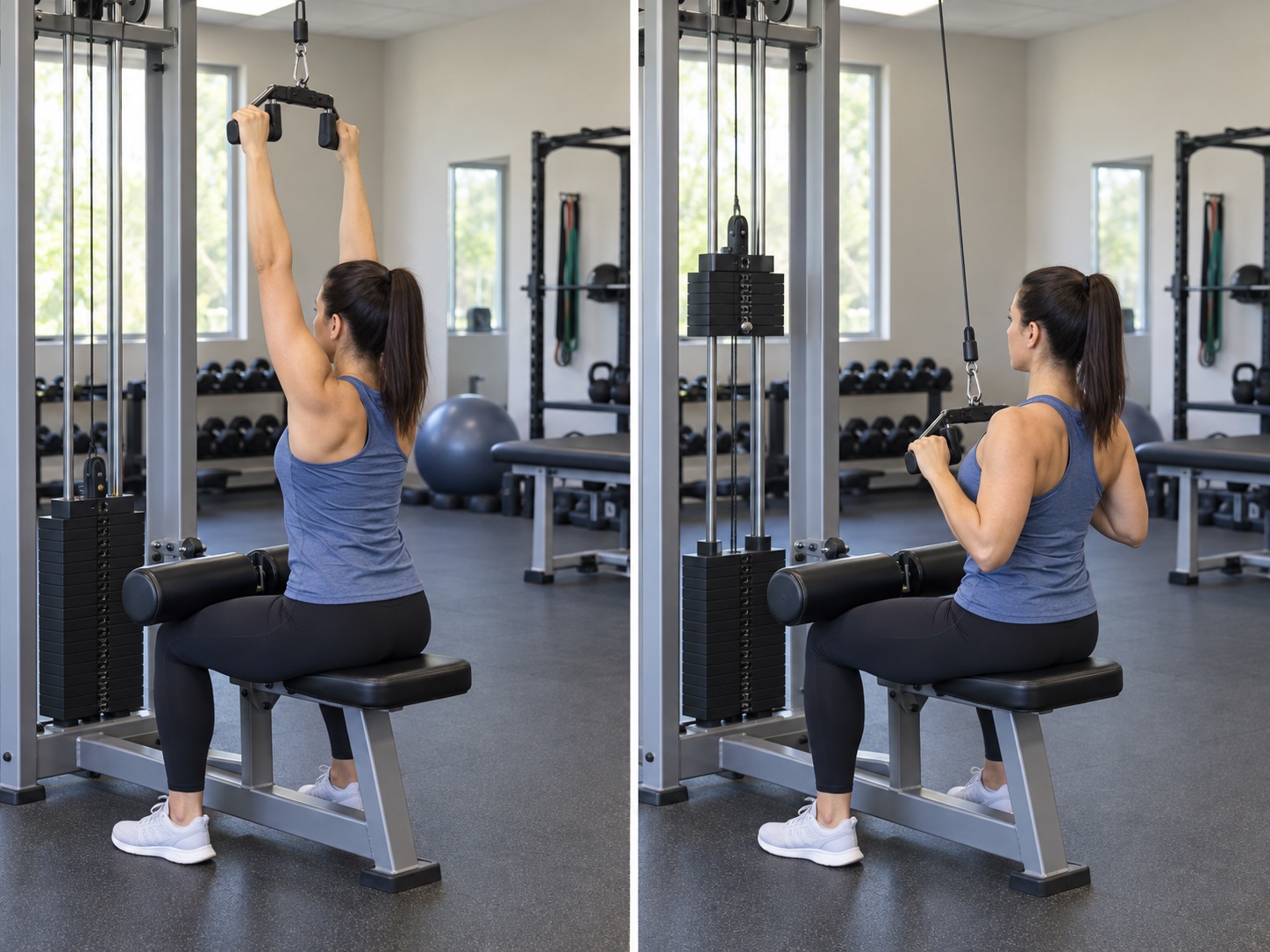 Neutral-Grip Lat Pulldown: start and finish positions