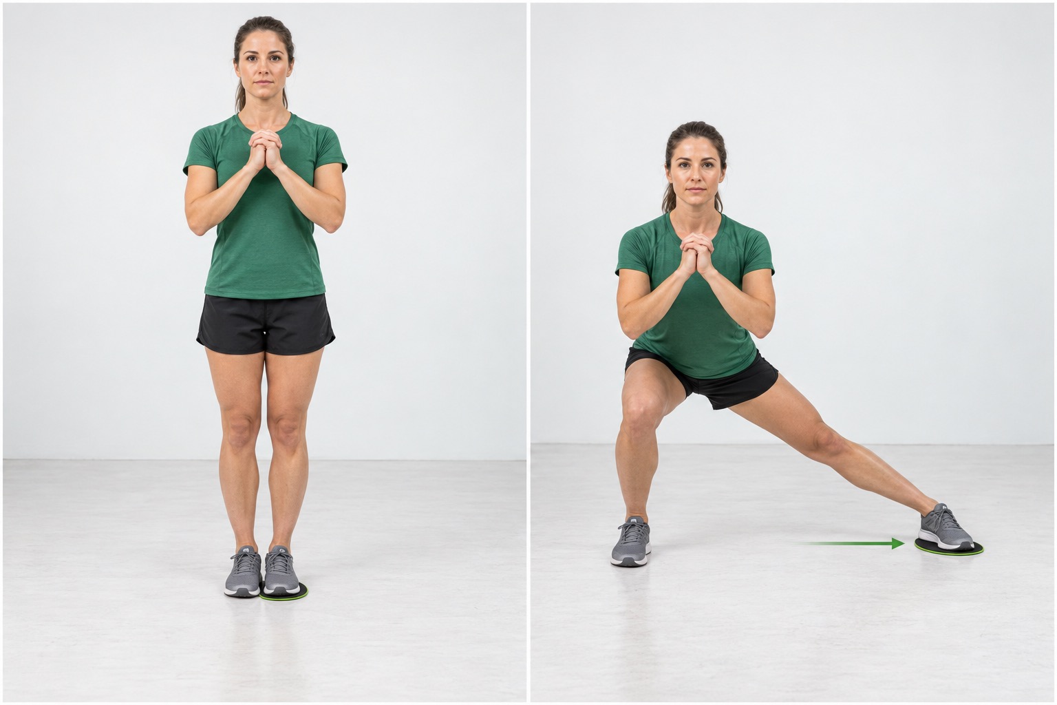 Lateral Slider Lunge: start and finish positions