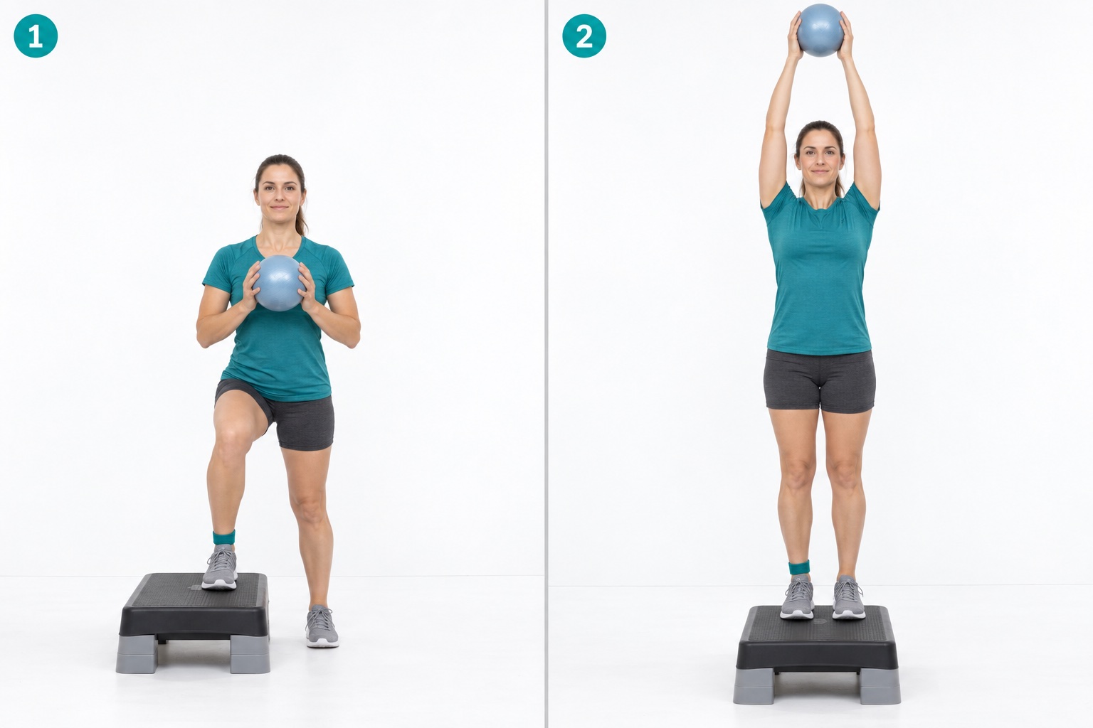 Lateral Step Up Ball Reach: start and finish positions