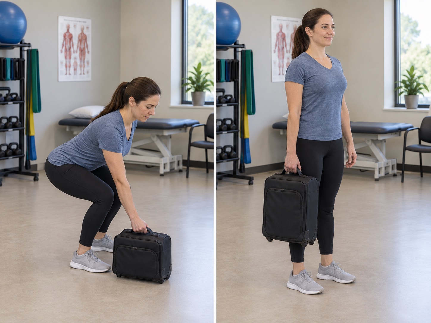 Light Suitcase Pickup from Floor: start and finish positions