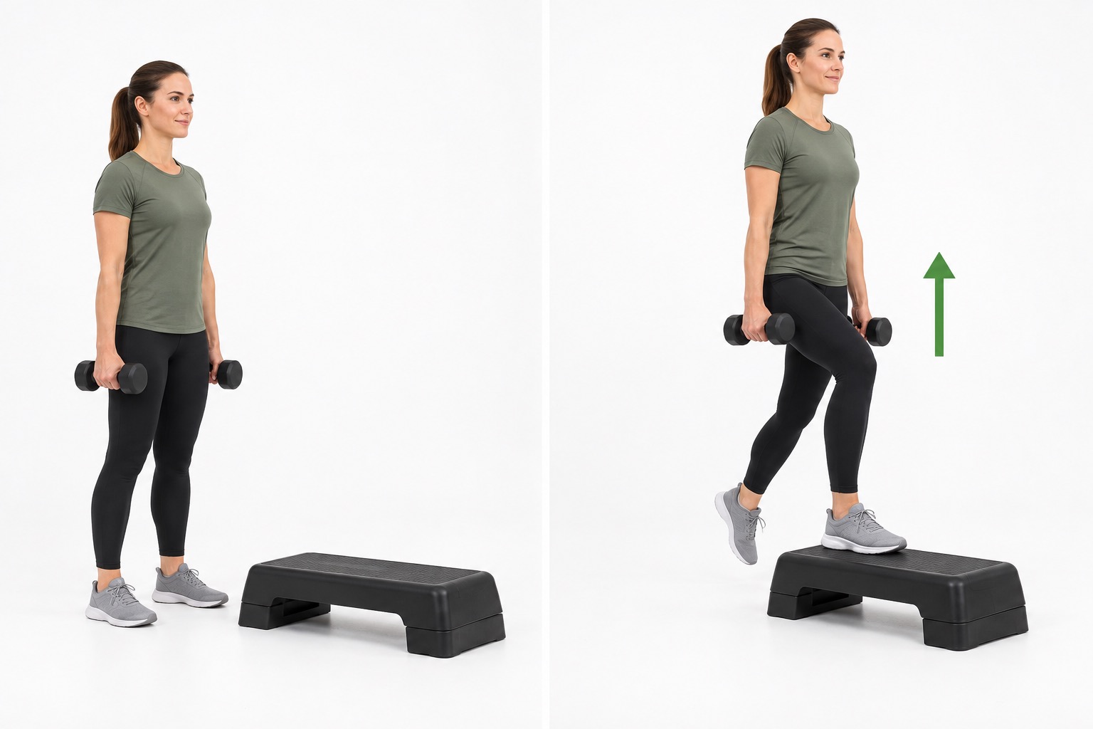 Loaded Step Up Dumbbells: start and finish positions