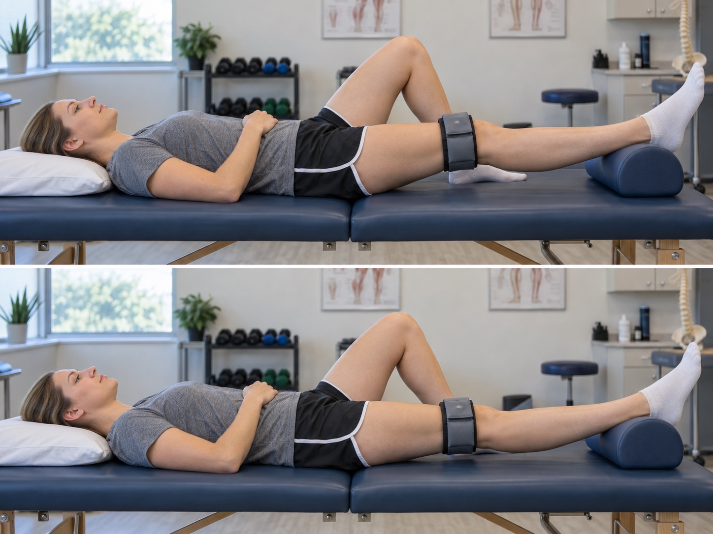 Low-Load Prolonged Knee Extension Stretch: start and finish positions