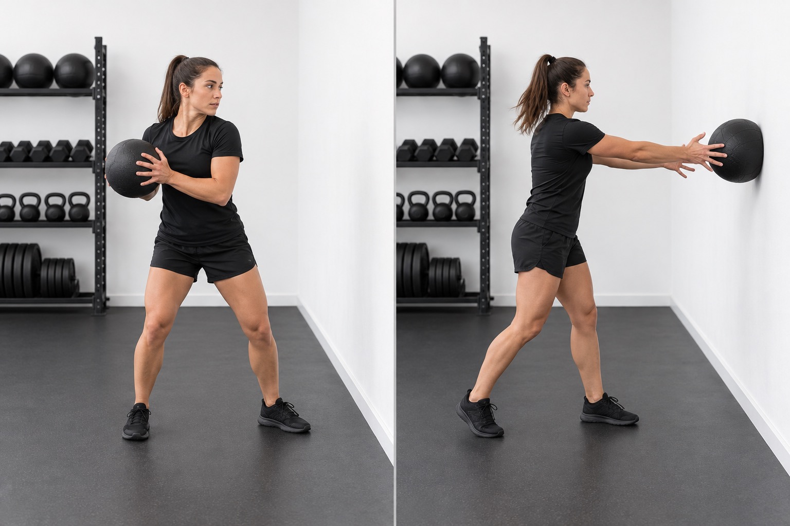 Medicine Ball Rotational Wall Toss: start and finish positions