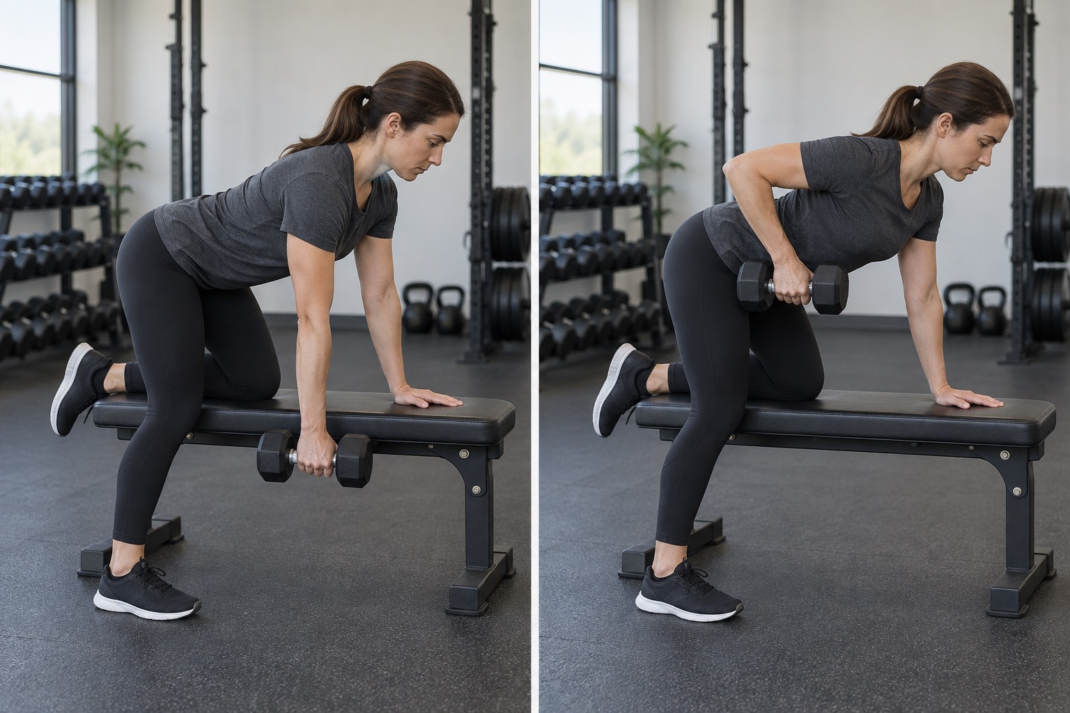 One Arm Dumbbell Row: start and finish positions