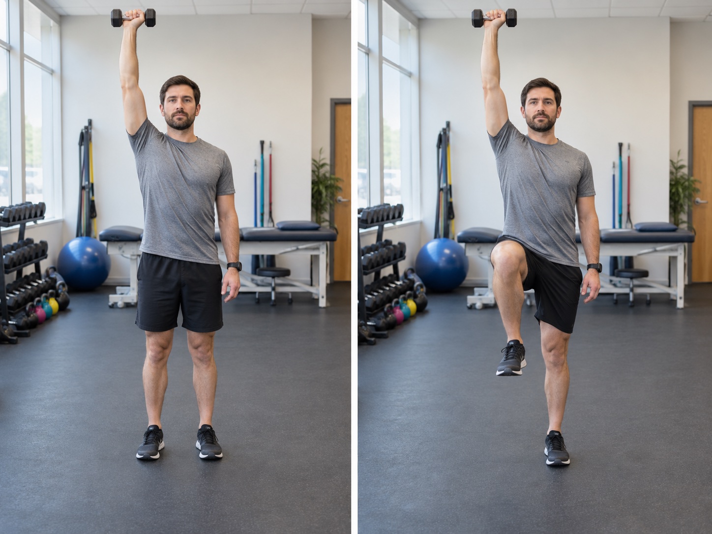 Overhead Dumbbell March: start and finish positions