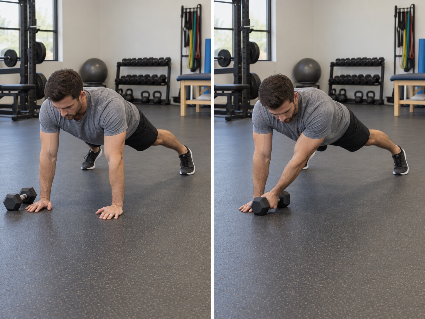 High-Plank Dumbbell Drag: start and finish positions