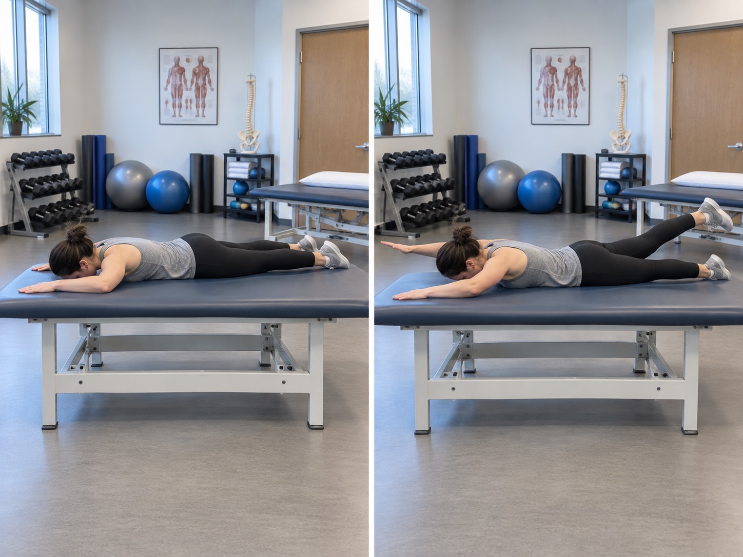 Prone Alternating Arm and Leg Lift: start and finish positions
