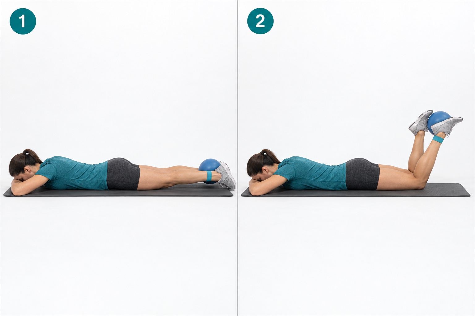 Prone Bilateral Hamstring Curl Ball: start and finish positions
