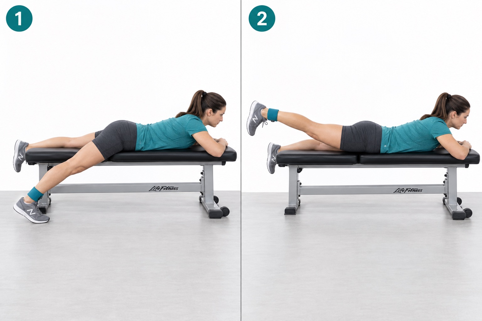 Prone Hip Extension Over Bench: start and finish positions