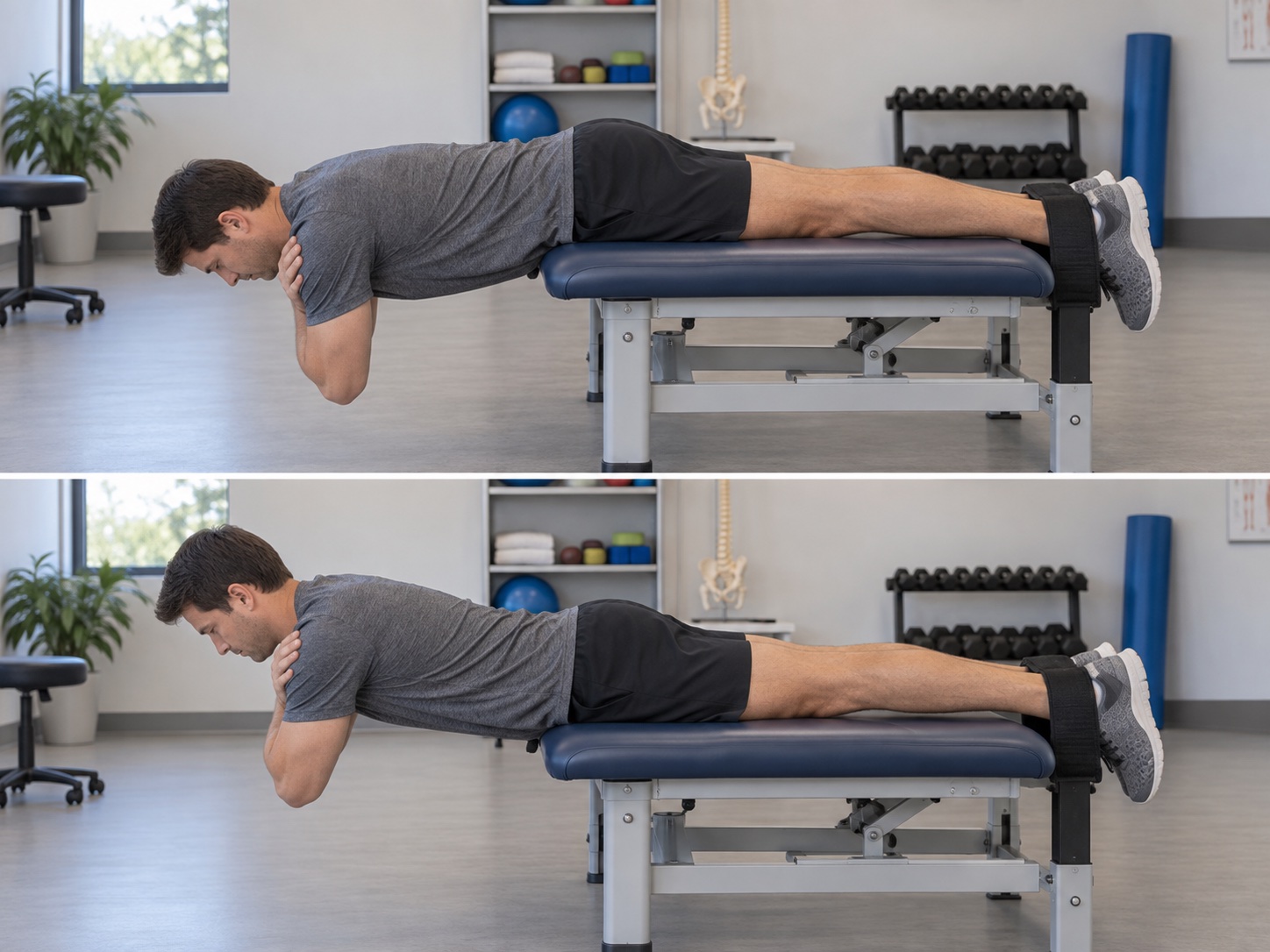 Prone Lumbar Extensor Hold: start and finish positions