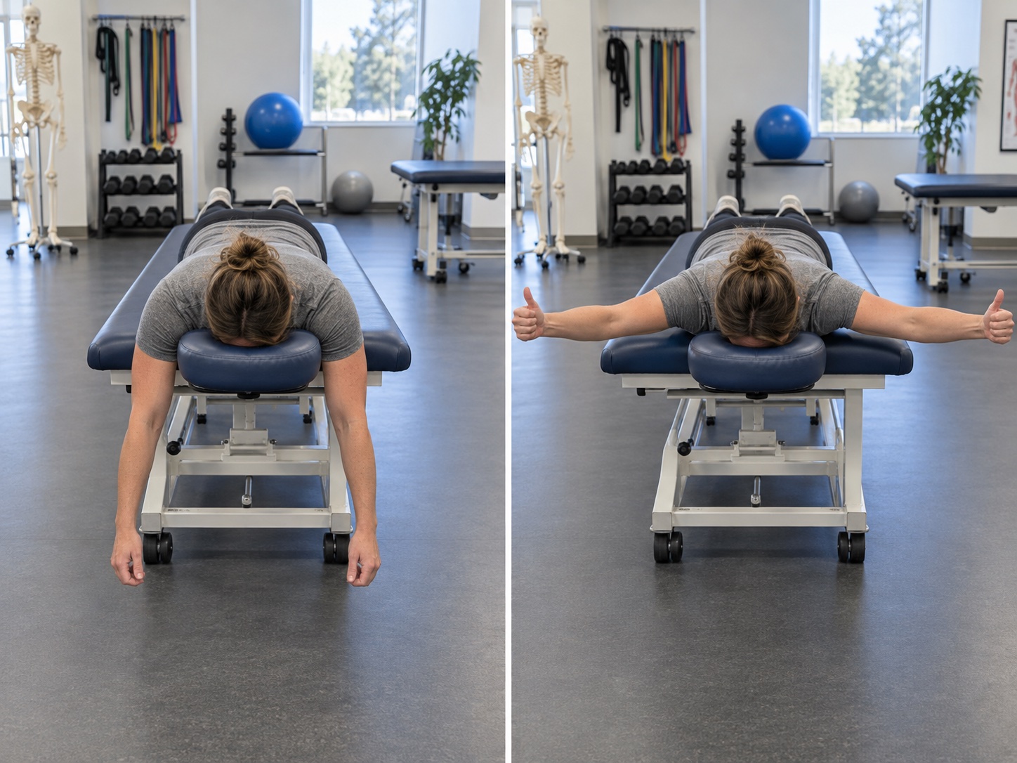 Prone T with Thumb Up: start and finish positions
