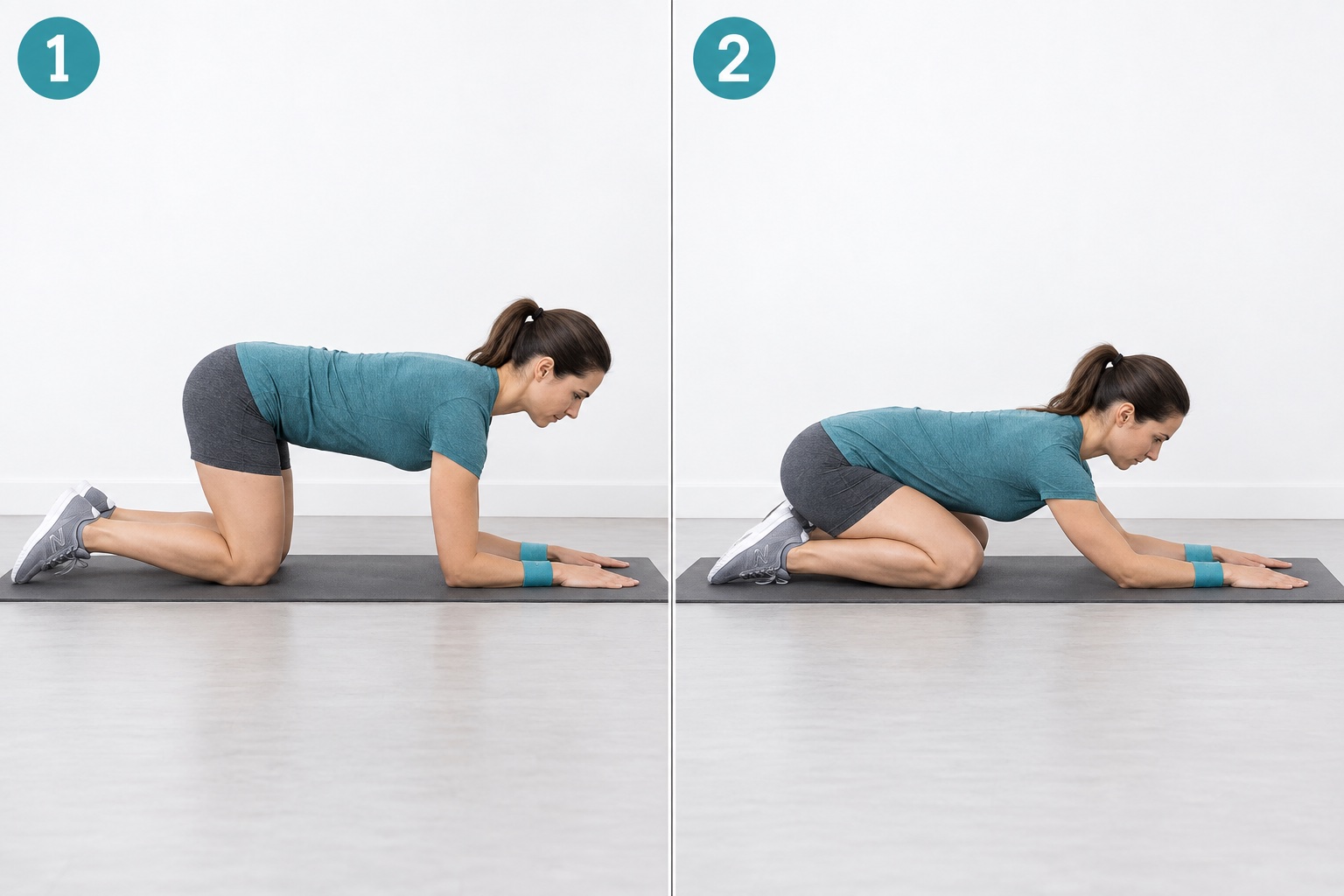 Quadruped Forearm Rock Back: start and finish positions
