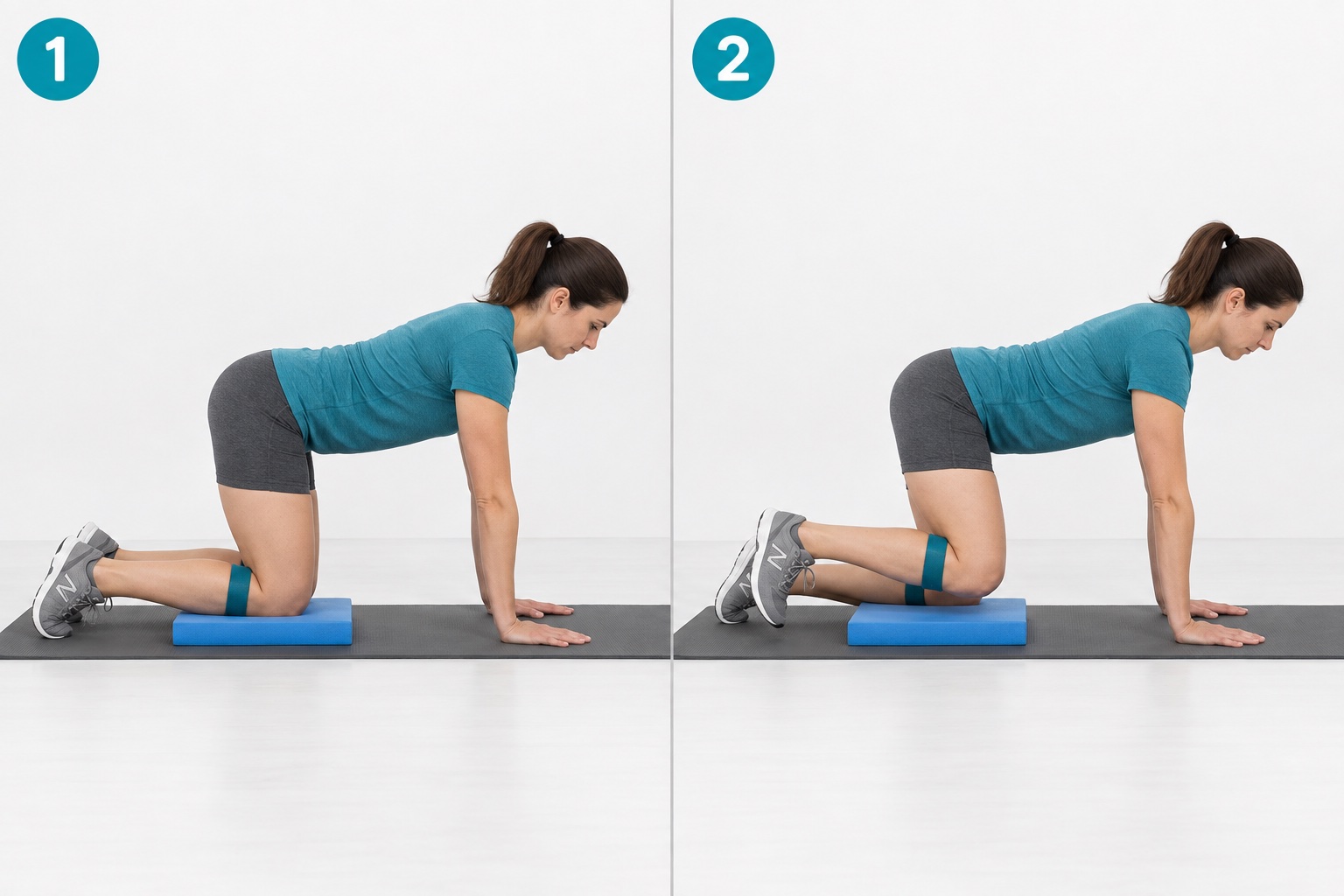 Quadruped Knee Lift On Block: start and finish positions