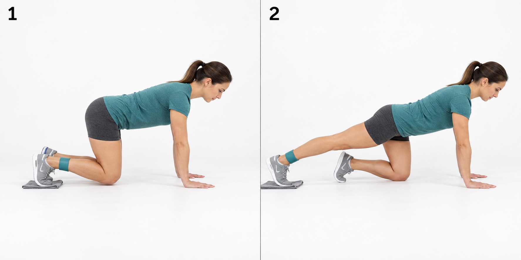 Quadruped Leg Slide On Towel: start and finish positions