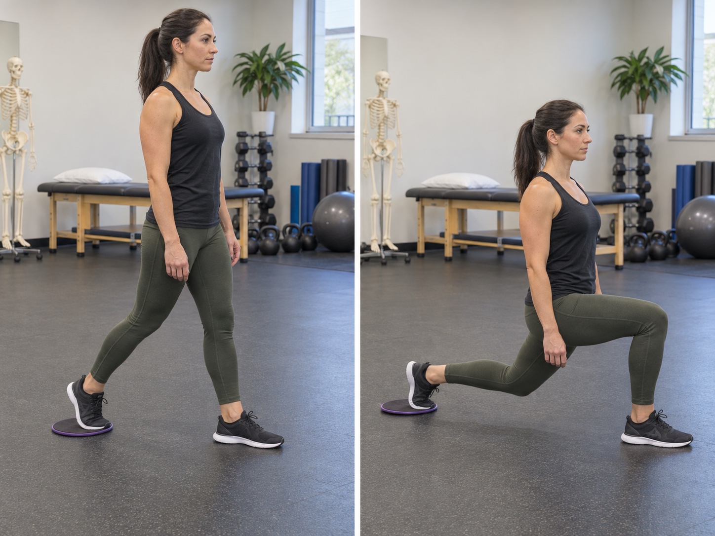 Reverse Lunge with Slider: start and finish positions