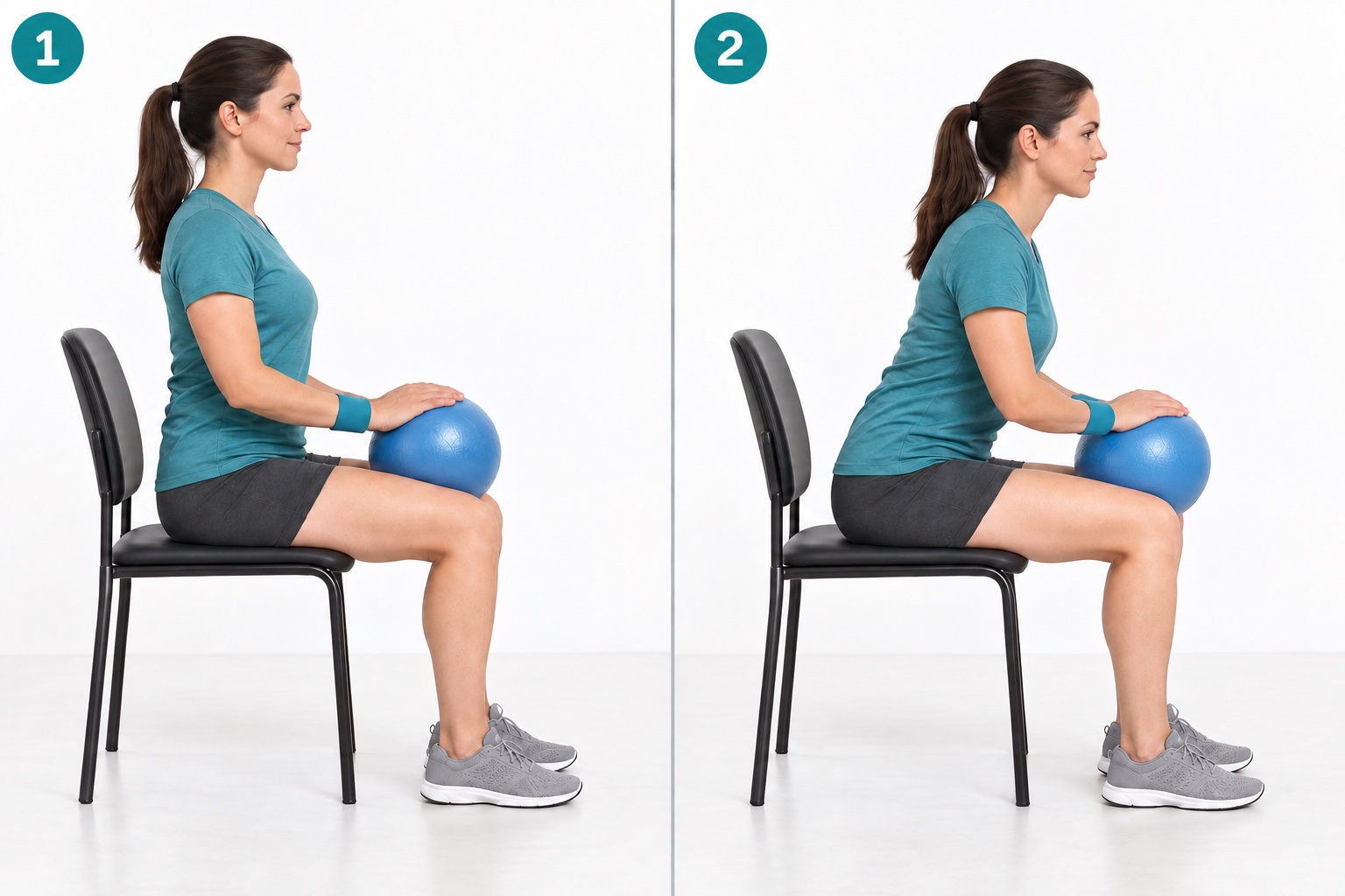 Seated Ball Roll On Thighs: start and finish positions