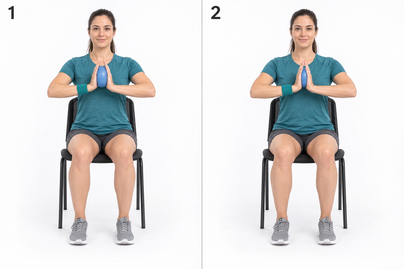 Seated Ball Squeeze Between Hands: start and finish positions