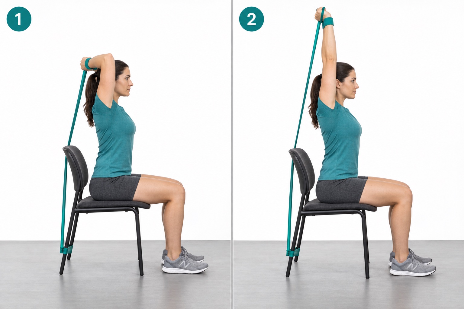 Seated Band Overhead Triceps Extension: start and finish positions