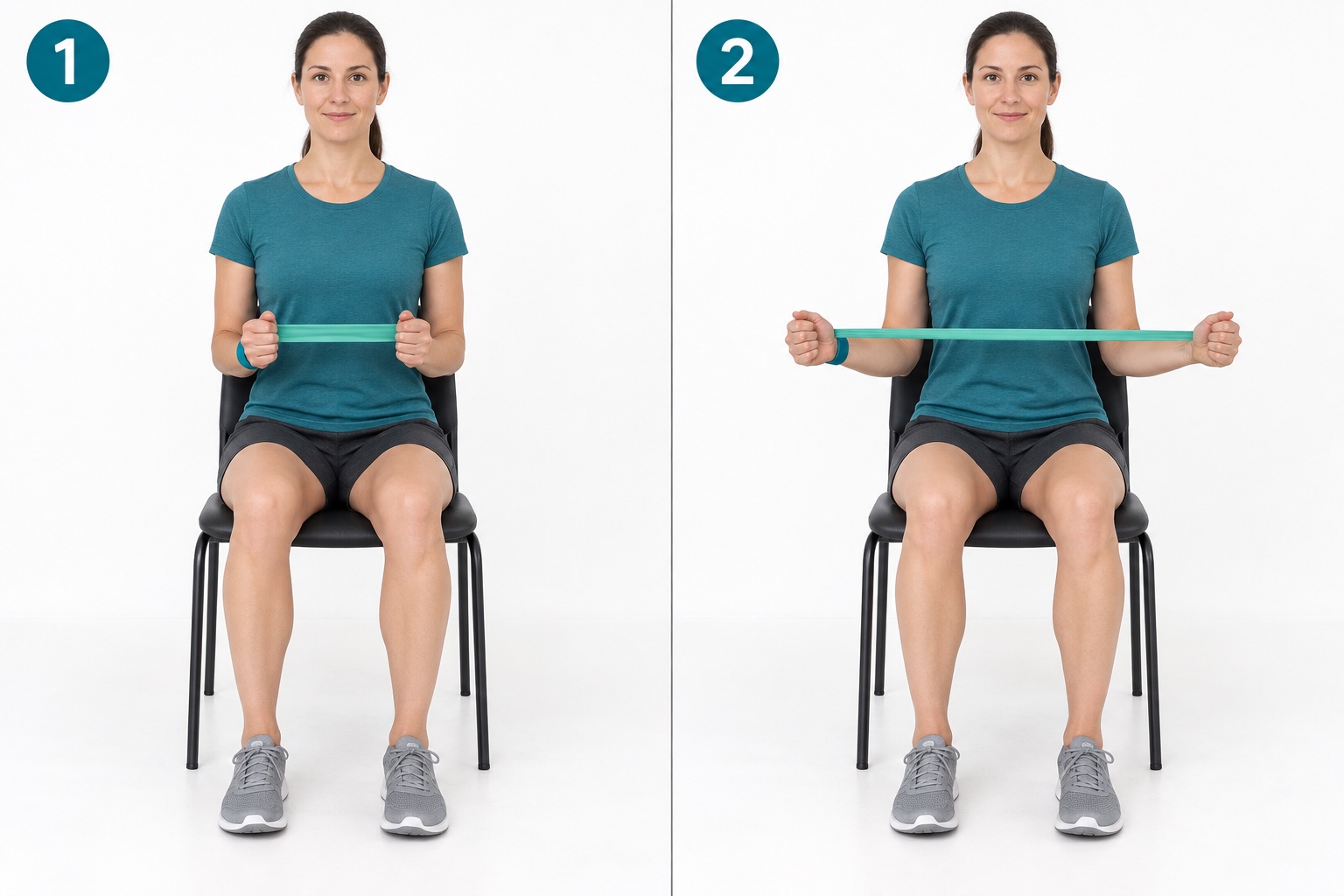 Seated Band Shoulder External Rotation: start and finish positions