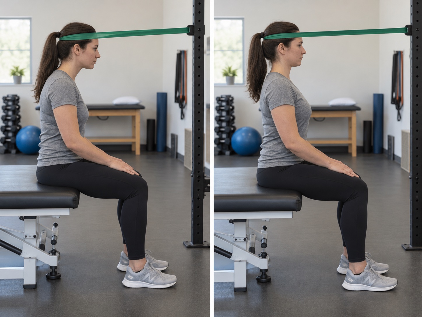 Seated Cervical Retraction with Band: start and finish positions