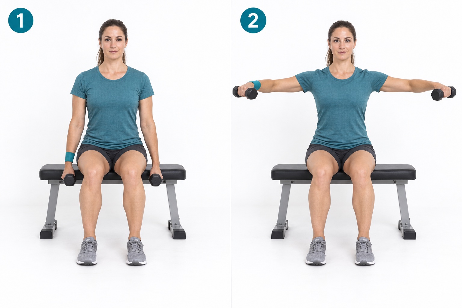 Seated Dumbbell Lateral Raise: start and finish positions