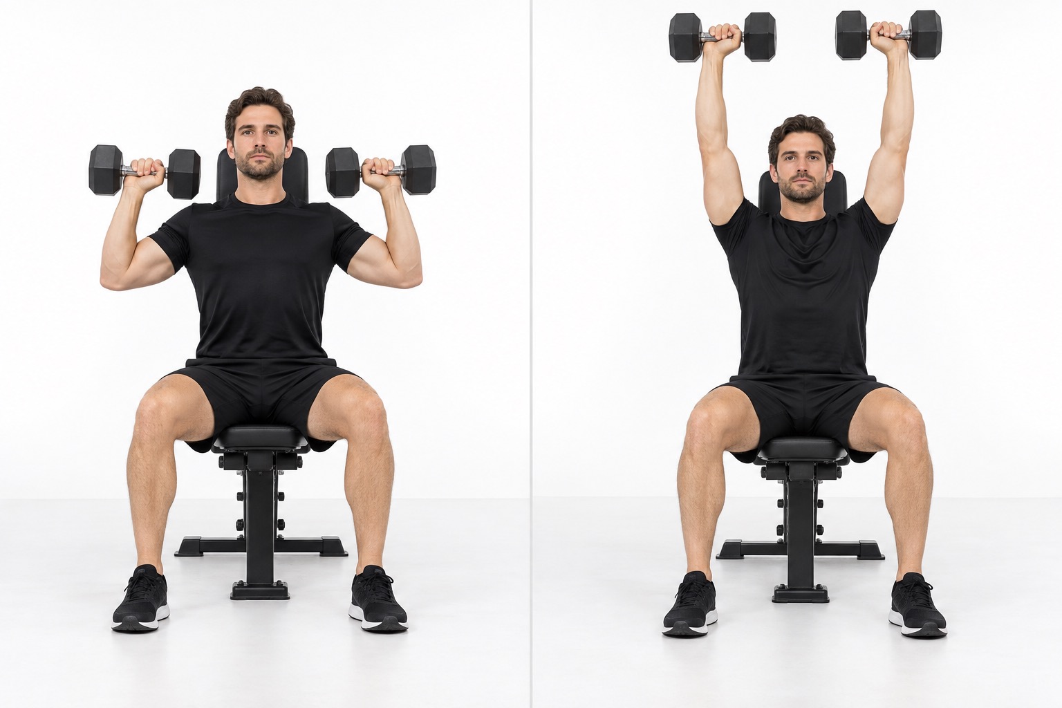 Seated Dumbbell Shoulder Press: start and finish positions