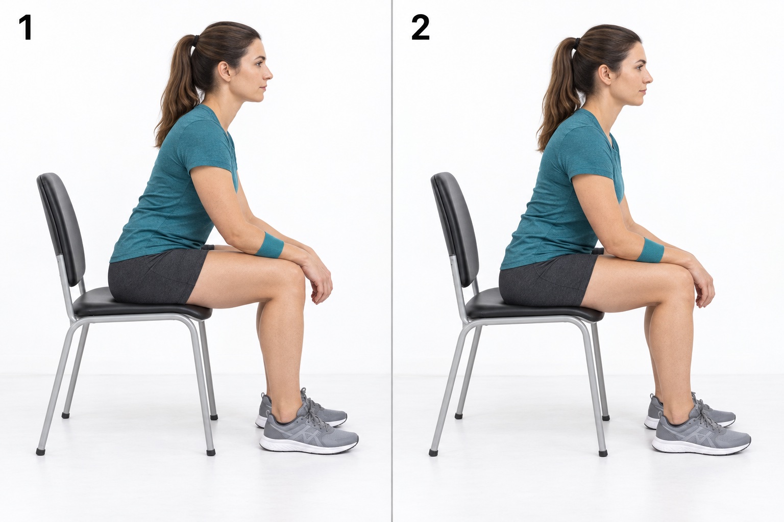 Seated Elbow Press Into Thighs: start and finish positions