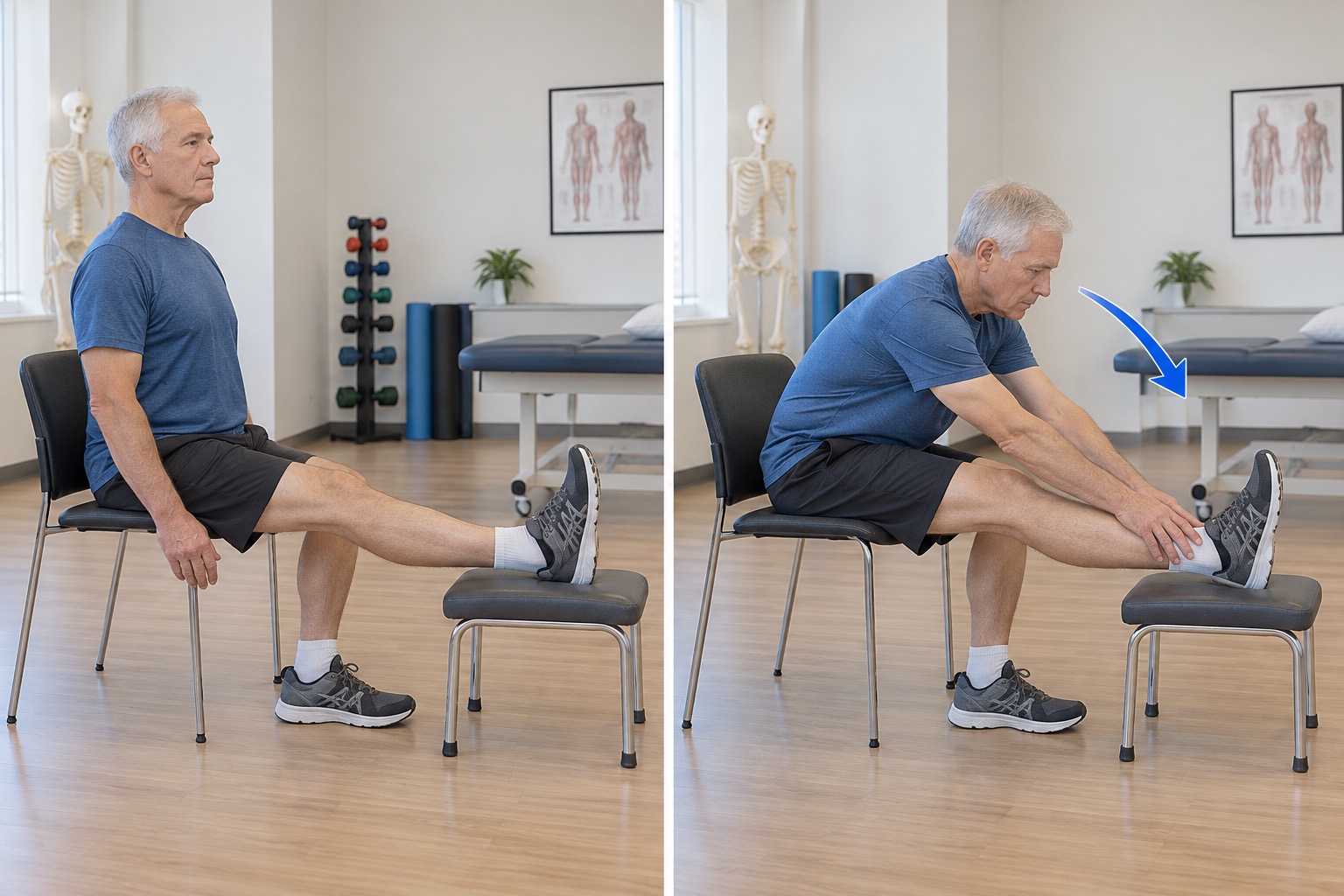 Seated Hamstring Stretch Heel Stool: start and finish positions