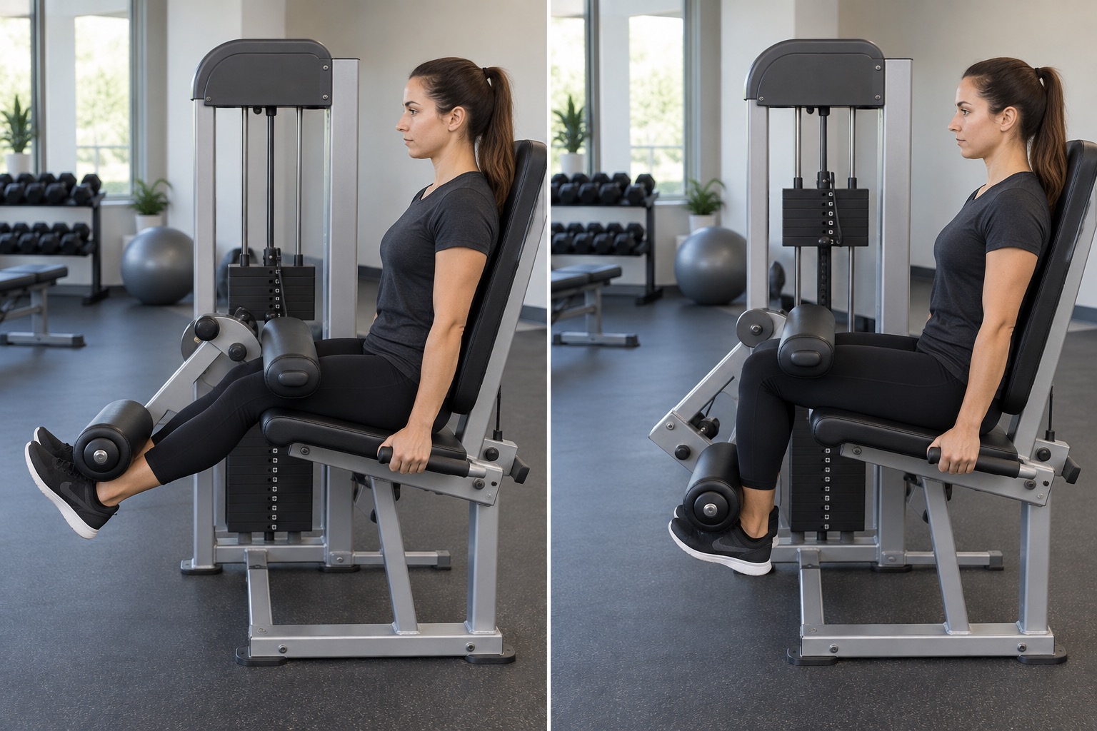 Seated Leg Curl Machine: start and finish positions