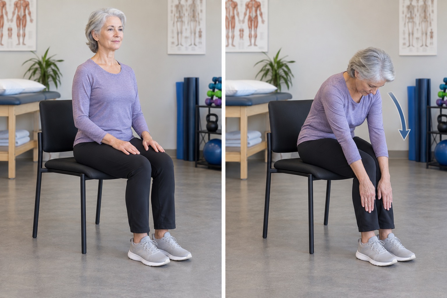 Seated Lumbar Flexion Stretch: start and finish positions