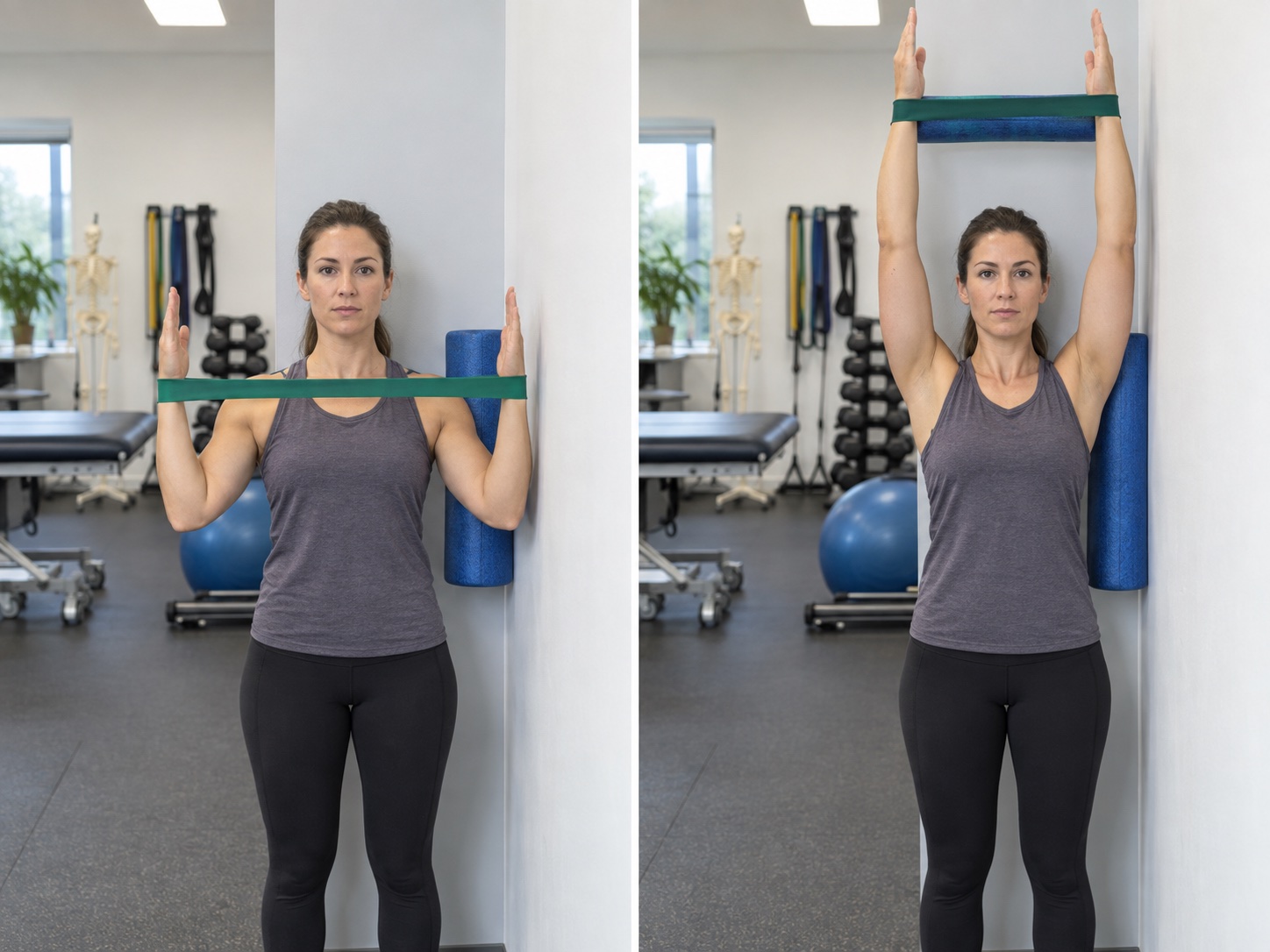 Serratus Wall Slide with Foam Roller and Band: start and finish positions