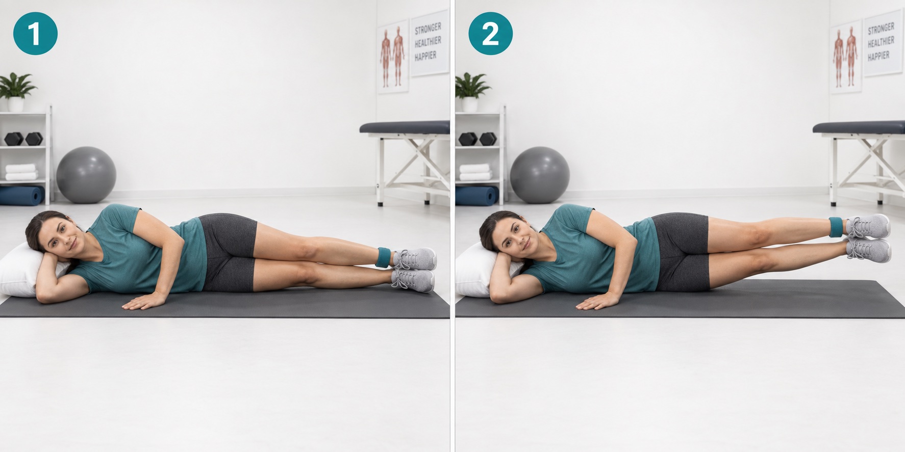 Side Lying Double Leg Lift: start and finish positions