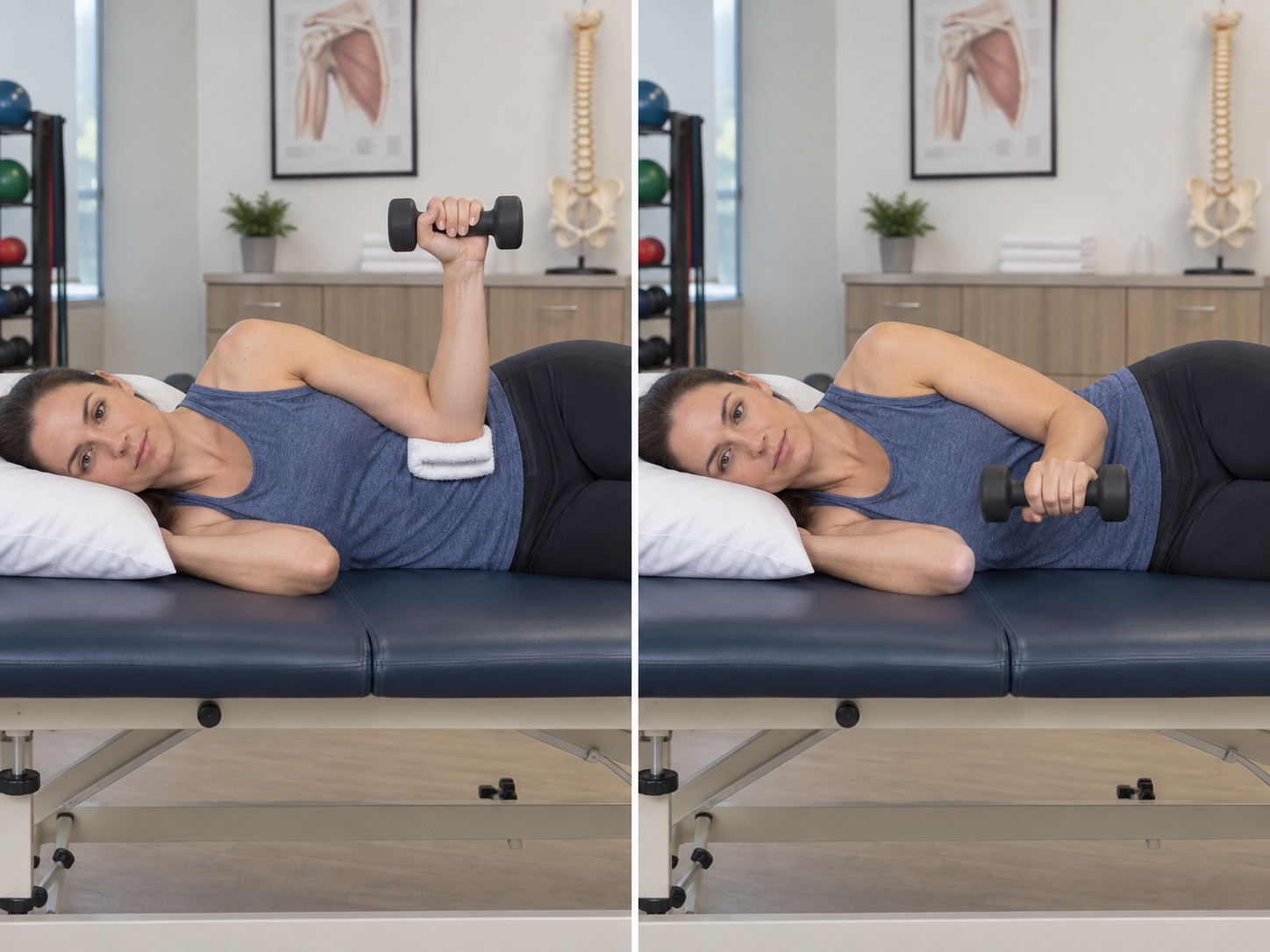 Side-Lying Eccentric Shoulder External Rotation: start and finish positions