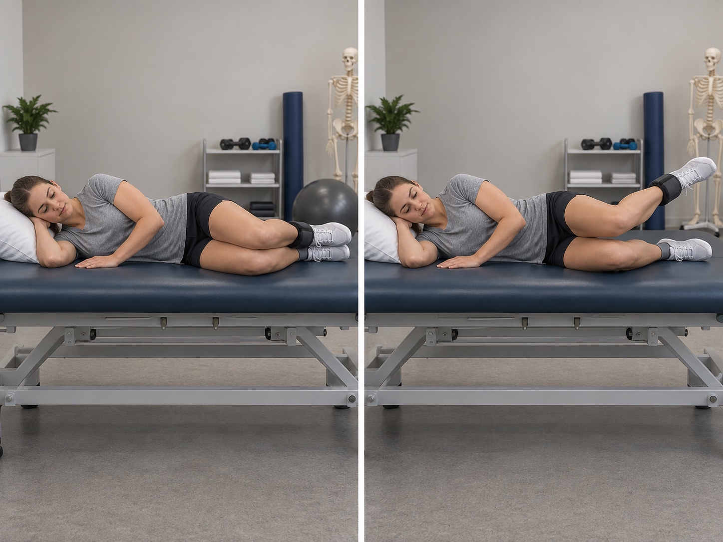 Side-Lying Hip Internal Rotation with Weight: start and finish positions