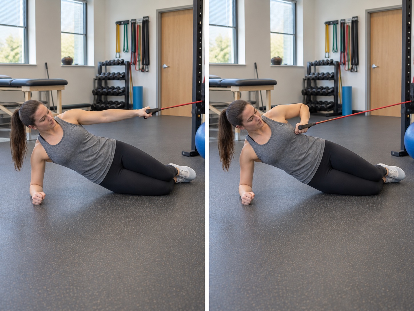 Side Plank with Band Row: start and finish positions