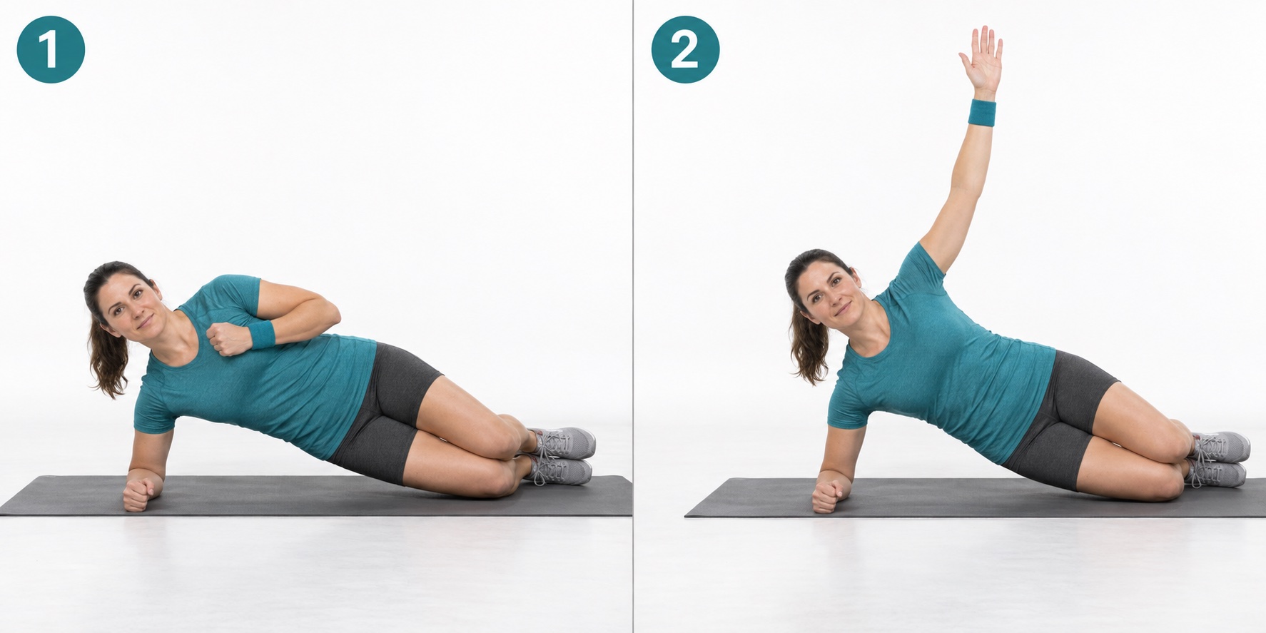 Side Plank Top Arm Reach: start and finish positions