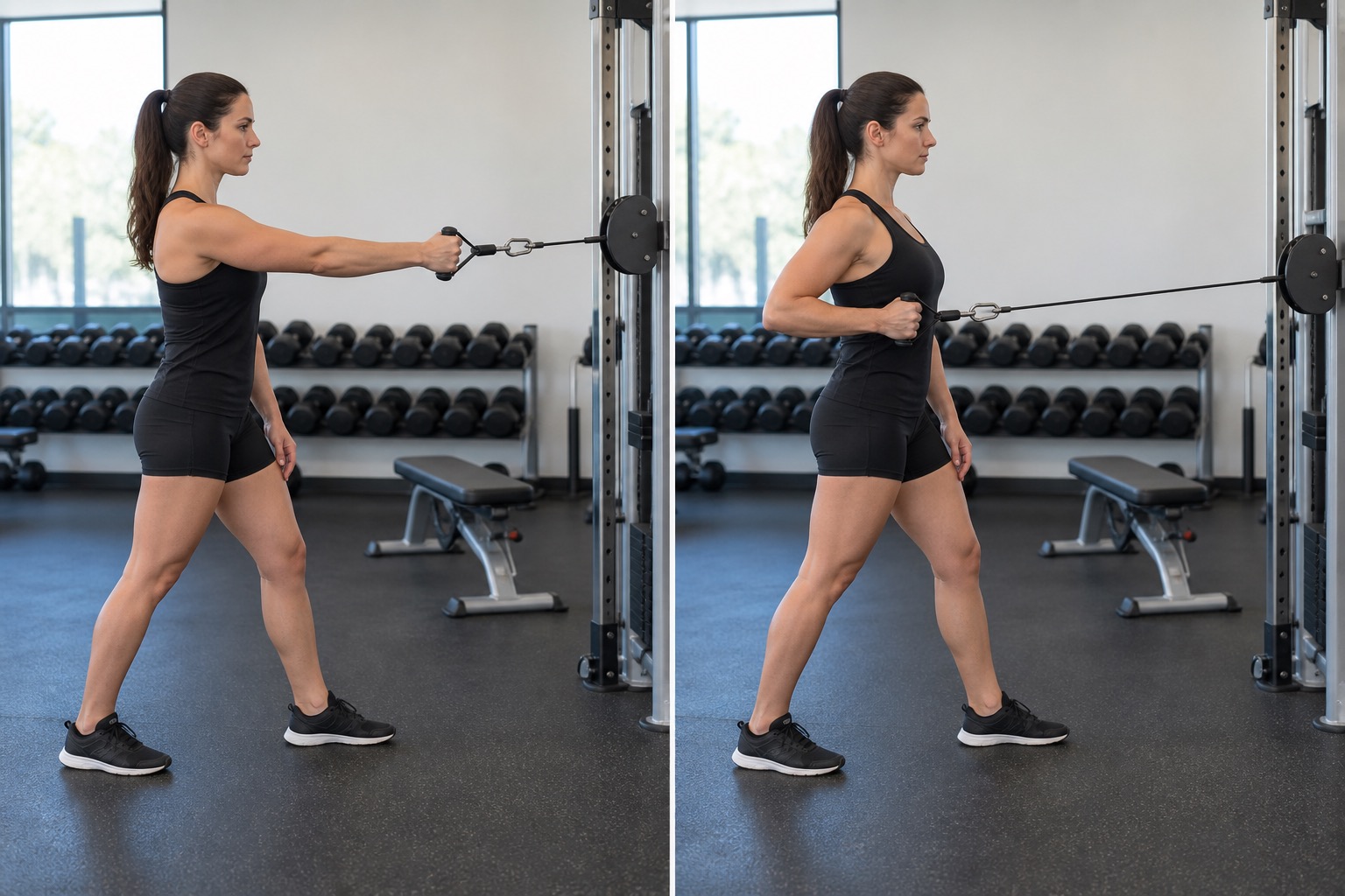 Single Arm Cable Row: start and finish positions