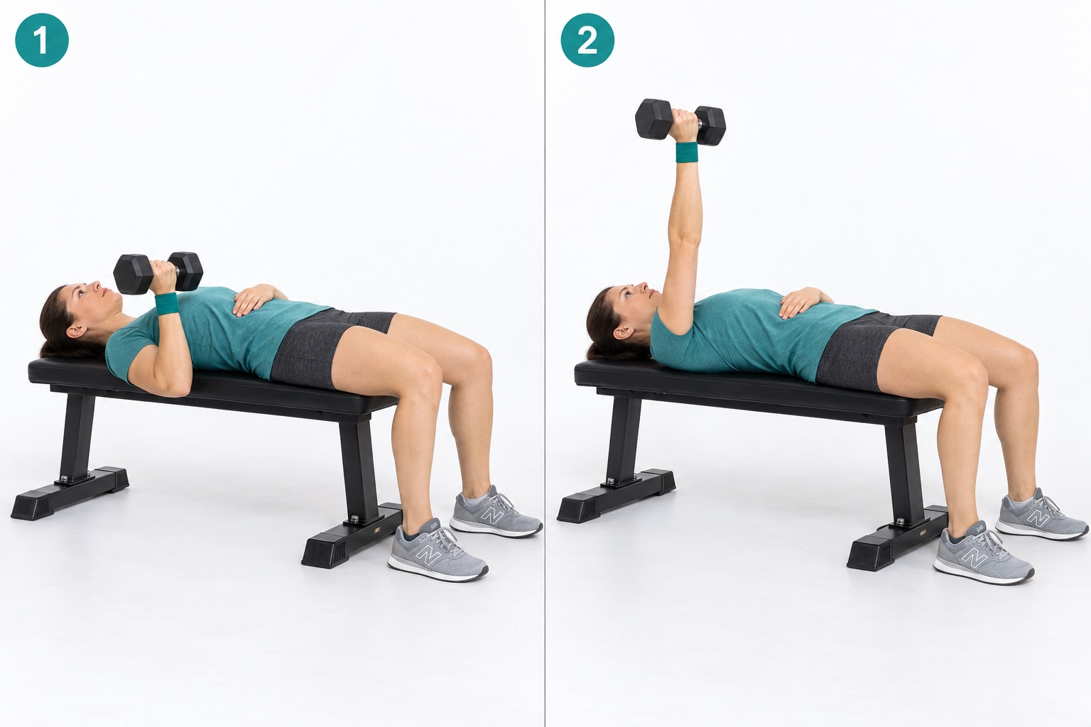 Single Arm Dumbbell Bench Press: start and finish positions