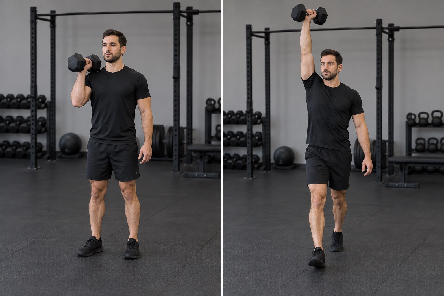 Single Arm Dumbbell Overhead Carry: start and finish positions
