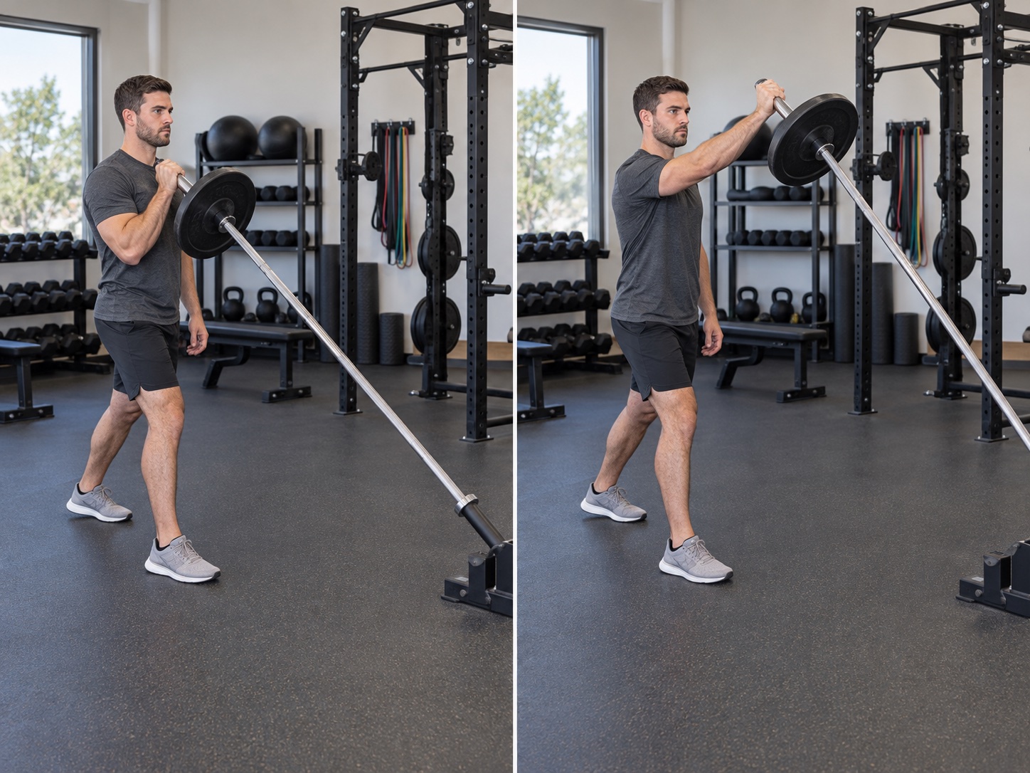 Standing Single-Arm Landmine Press: start and finish positions