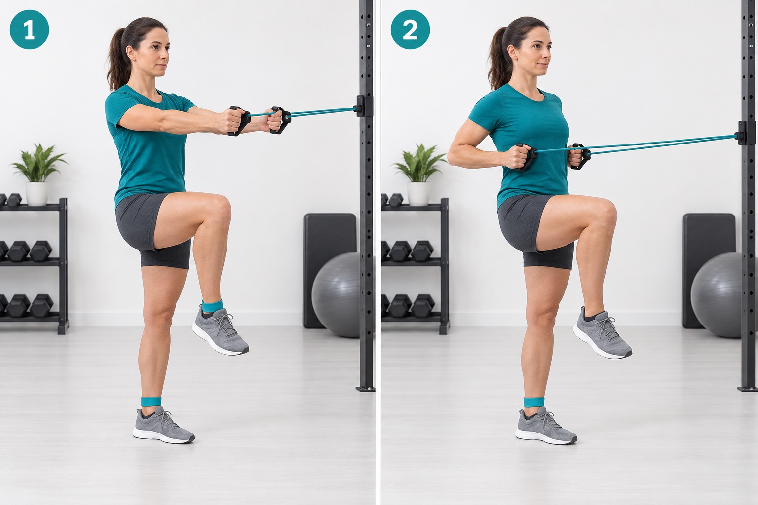 Single Leg Balance With Band Row: start and finish positions
