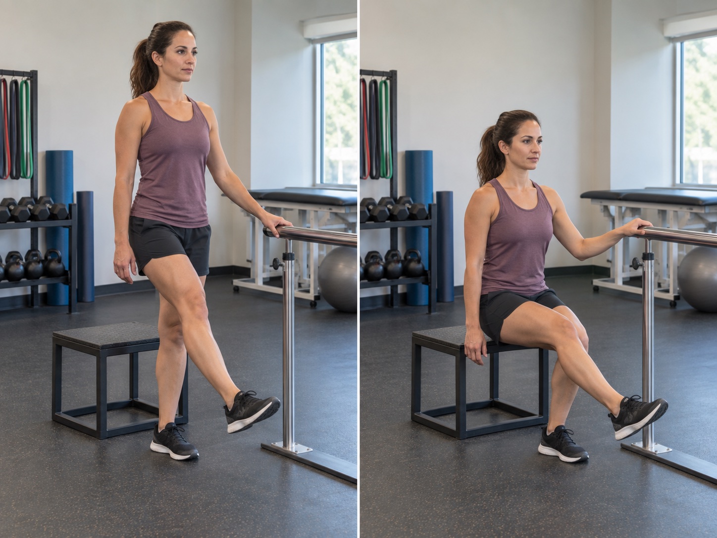 Supported Single-Leg Box Squat: start and finish positions