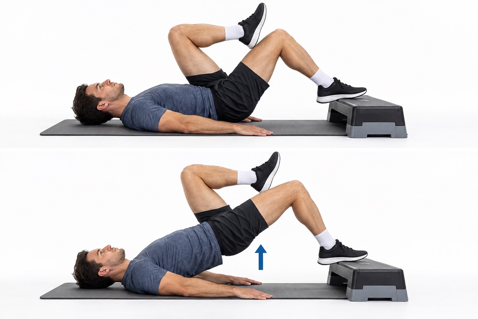 Single Leg Bridge Foot Low Step: start and finish positions