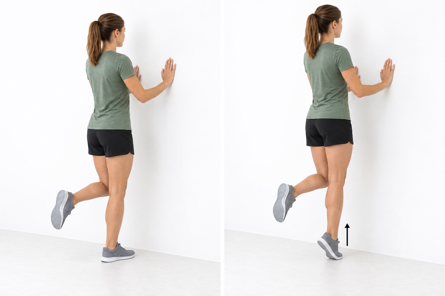 Single Leg Calf Raise Wall Support: start and finish positions