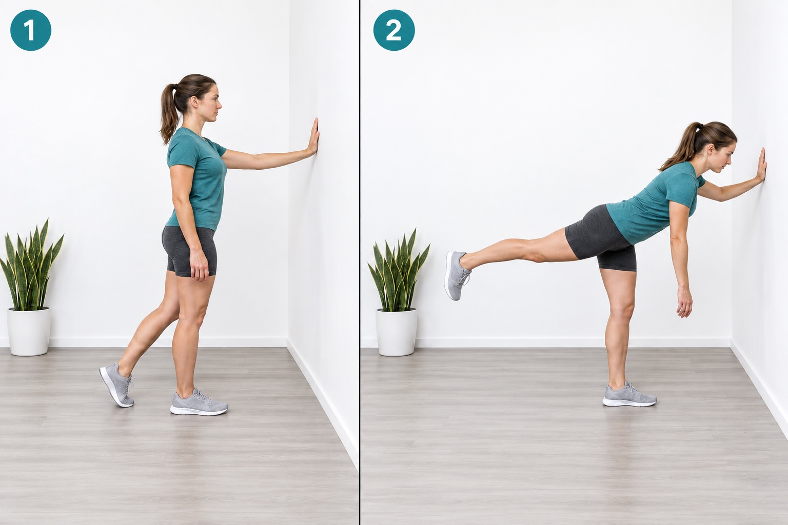 Single Leg Deadlift Hand On Wall: start and finish positions
