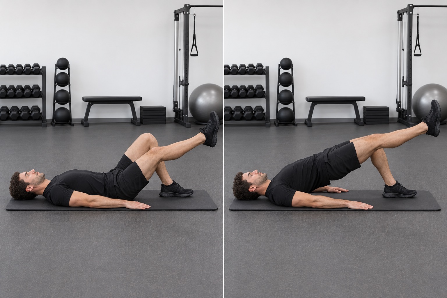 Single Leg Glute Bridge: start and finish positions