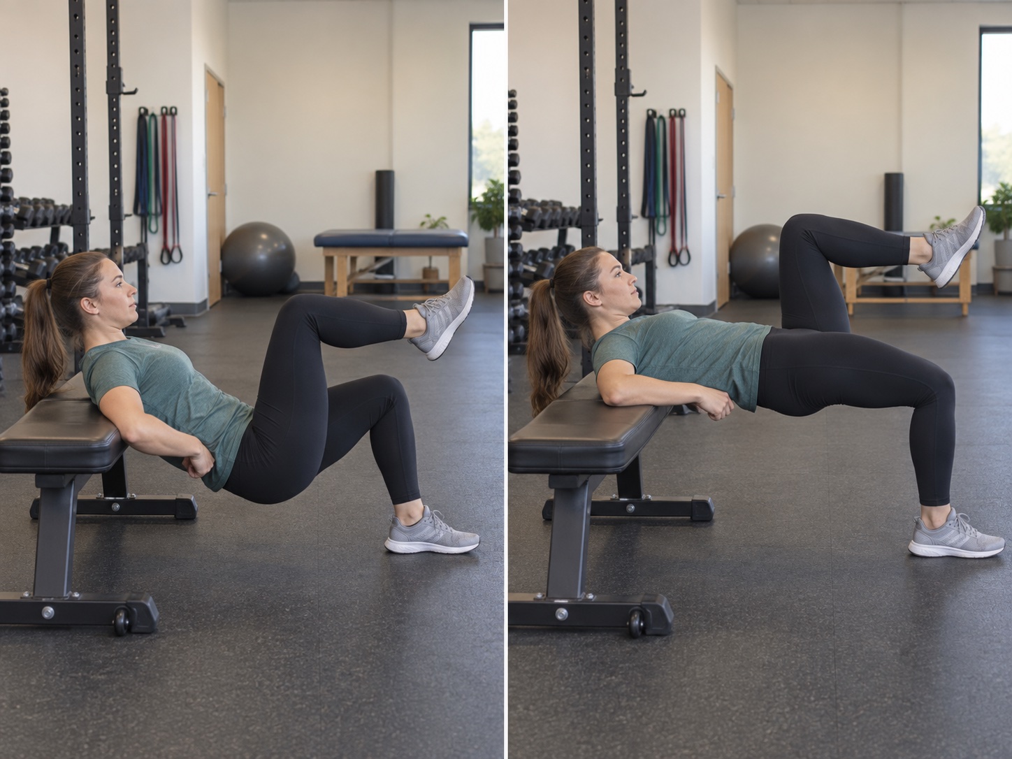 Single-Leg Hip Thrust from Bench: start and finish positions