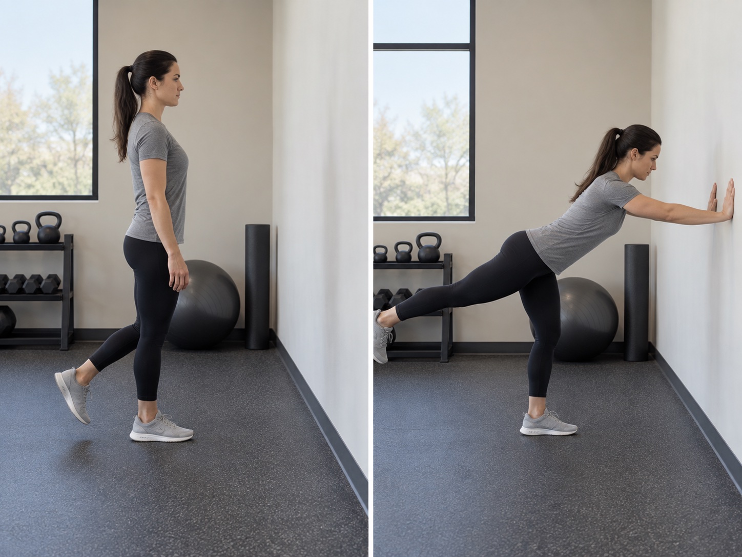 Single-Leg RDL with Wall Reach: start and finish positions