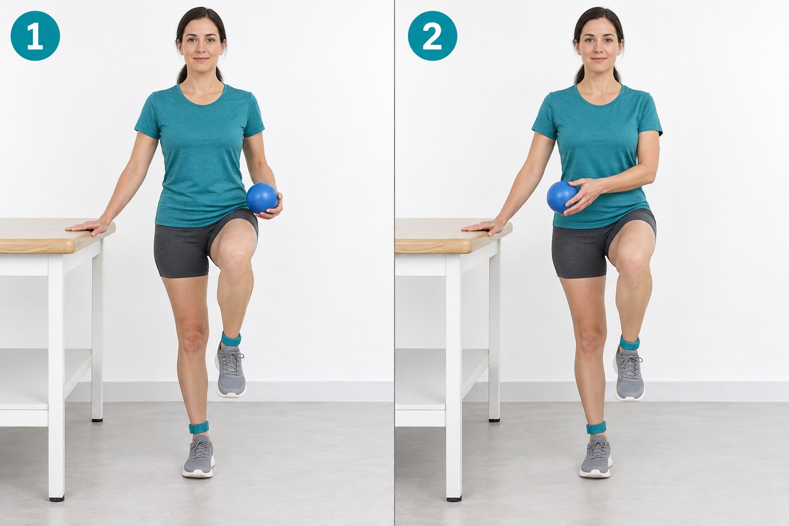 Single Leg Stance Ball Hand Transfer: start and finish positions